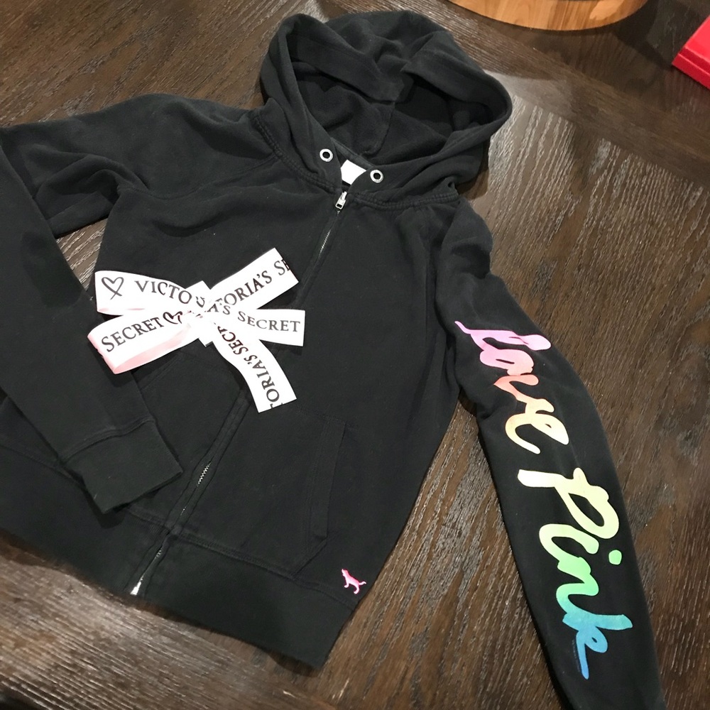 Pink Black zip up hoodie “love pink” on sleeve